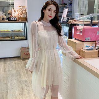 Bell-sleeve Beaded Mesh Dress