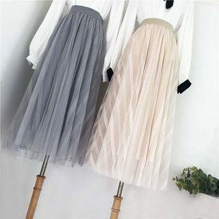 Striped Mesh Overlay A-line Midi Skirt