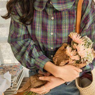 Round-collar Plaid Shirt Purple - One Size