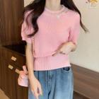 Short-sleeve Embellished Knit Top Pink - One Size