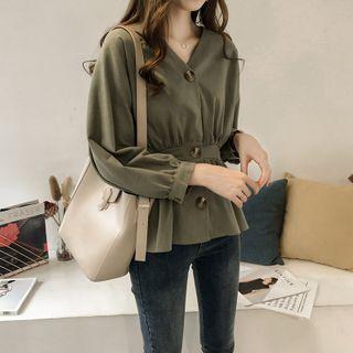 Buttoned V-neck Ruched Blouse