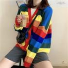 Rainbow Stripe V-neck Cardigan As Shown In Figure - One Size