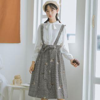 Floral Embroidered Plaid Midi A-line Jumper Skirt
