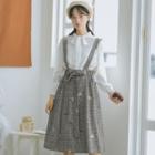 Floral Embroidered Plaid Midi A-line Jumper Skirt