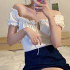 Short-sleeve Ruffled Blouse / A-line Denim Skirt
