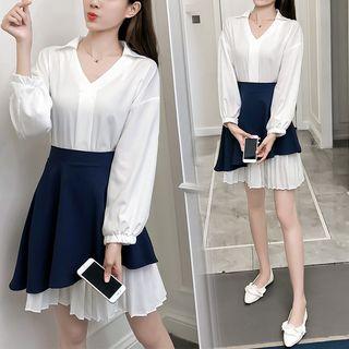 Set: Long-sleeve Pleated Collar Dress + Asymmetrical Mini A-line Skirt
