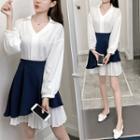 Set: Long-sleeve Pleated Collar Dress + Asymmetrical Mini A-line Skirt