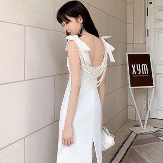 Faux Pearl Bow Accent Open Back Sheath Dress