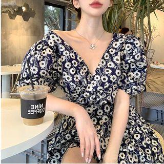 Puff-sleeve V-neck Floral Print Playsuit