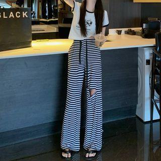 Short-sleeve Cartoon Print Cropped T-shirt / Striped Wide Leg Pants