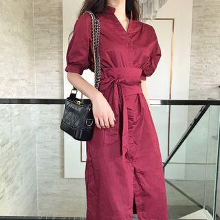 Puff-sleeve Tie-waist Shirtdress Wine Red - One Size