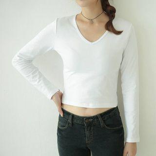 Plain V-neck Cropped Long-sleeve T-shirt