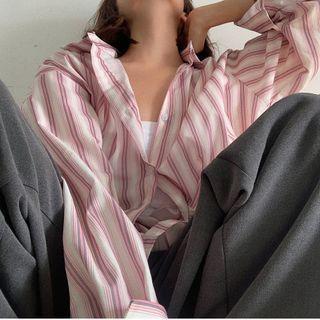 Long-sleeve Striped Loose-fit Shirt Pink - One Size