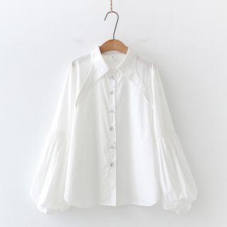 Bishop-sleeve Embroidered Blouse White - One Size