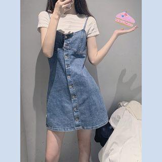 Short-sleeve T-shirt / Spaghetti Strap Denim Mini A-line Dress / Set