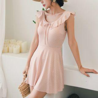 Cap-sleeve Plaid Swim Dress