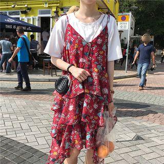 Floral Print Spaghetti Strap Dress Red - One Size