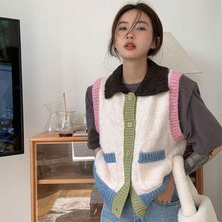 Color Block Button-up Sweater Vest Milky White - One Size