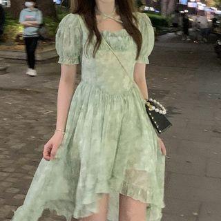 Puff-sleeve Floral Print High Low A-line Dress