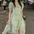 Puff-sleeve Floral Print High Low A-line Dress