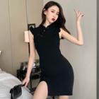 Short-sleeve Mini Qipao Dress Black - One Size