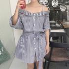 Striped Off Shoulder Elbow Sleeve Shirt Dress