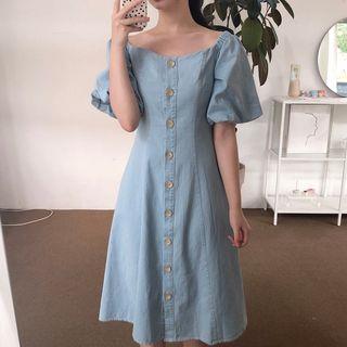 Buttoned Off-shoulder Denim A-line Dress Light Blue - One Size