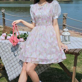 Puff-sleeve Tulip Print Chiffon A-line Mini Dress Tulip - One Size