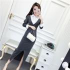 Mock Two-piece Stand-collar Long-sleeved Plain Slim Long Dress