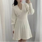 V-neck Balloon-sleeve Cable Knit Sweater Dress