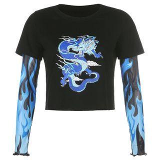 Mock Two-piece Long-sleeve Dragon Print T-shirt
