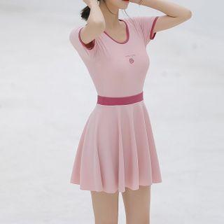 Set: Short-sleeve Strawberry Print Swimsuit + Skirt