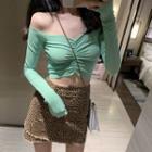 V-neck Long-sleeve T-shirt / Leopard A-line Skirt