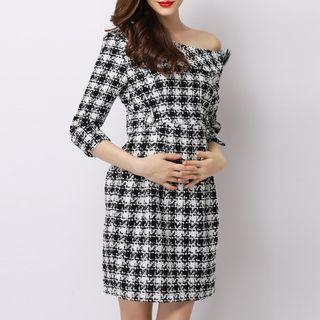 3/4-sleeve One-shoulder Tweed Mini Shift Dress