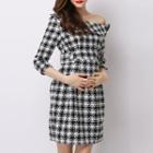 3/4-sleeve One-shoulder Tweed Mini Shift Dress