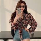 Floral Print Cropped Blouse Pink & Red Floral - Black - One Size