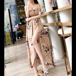 Off-shoulder Flower Print Midi A-line Dress