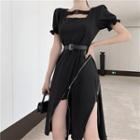 Puff-sleeve Asymmetrical Slit Midi A-line Dress / Belt