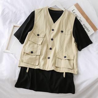 Set: Short-sleeved Long T-shirt + Plain Vest
