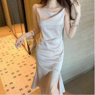 Satin Spaghetti Strap Slit Midi A-line Dress