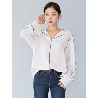 Long-sleeve Piped Blouse