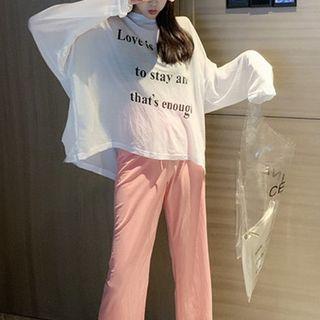Lettering Cut-out Long-sleeve T-shirt / Drawstring Wide-leg Pants