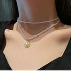 Faux Pearl Pendant Layered Choker White & Gold - One Size