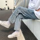 High-waist Printed Panel Denim Wide-leg Pants