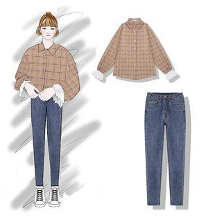 Plaid Shirt / Cropped Straight-cut Jeans