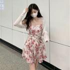Sleeveless Floral Mini A-line Dress / Cropped Cardigan / Set