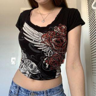 Short Sleeve Roses & Wings Rhinestone Crop Top
