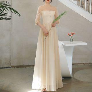Elbow-sleeve Mesh Evening Gown (various Designs)