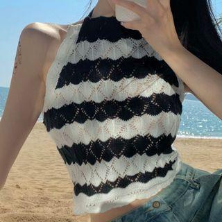 Halter Striped Knit Top Stripes - Black & White - One Size
