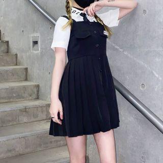 Pleated Mini A-line Overall Dress